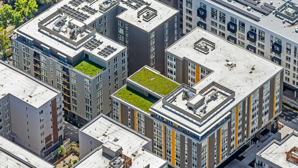Green roofs and courtyards atop the AVA Esterra Park apartment blocks in Redmond